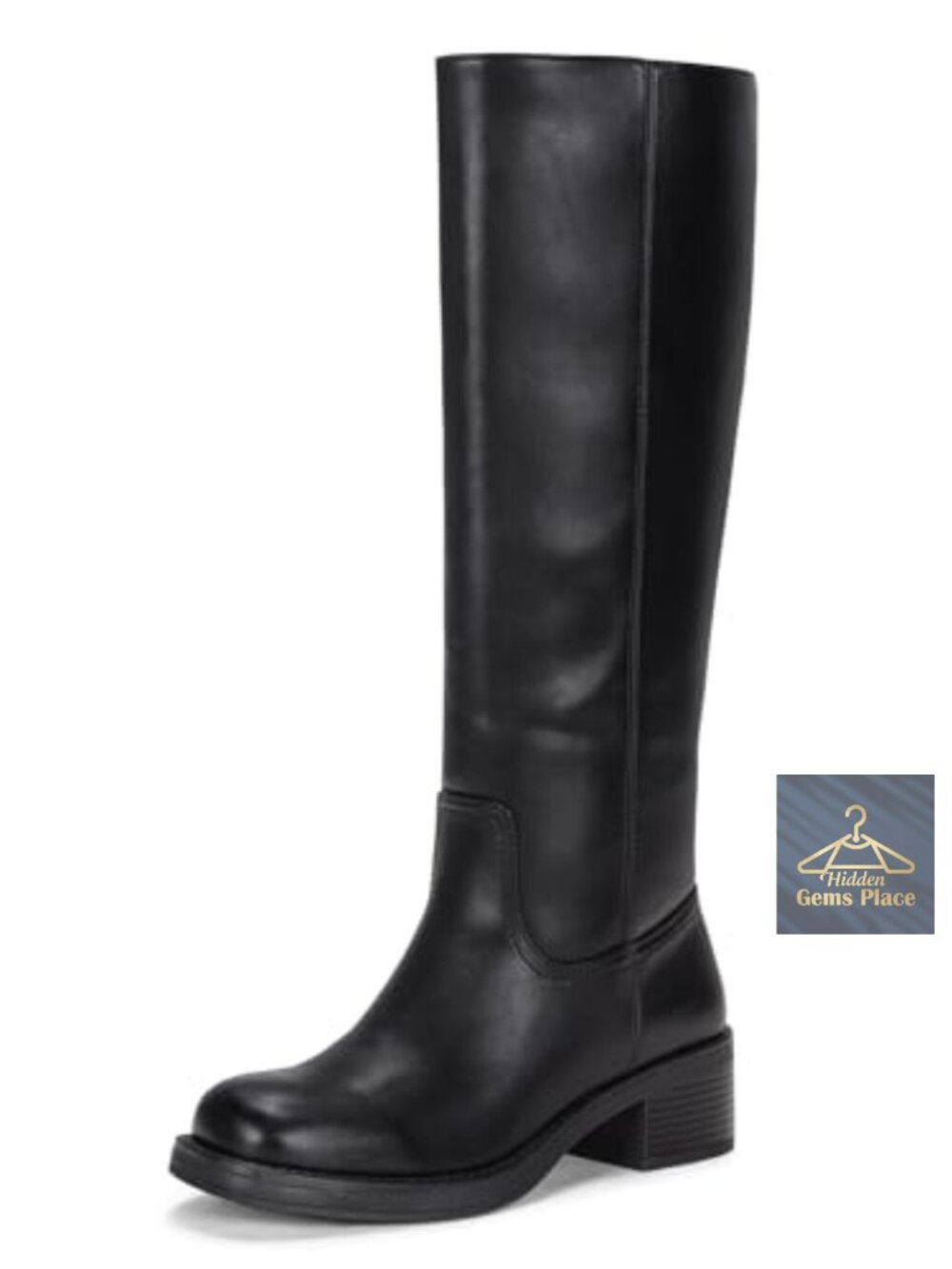 Vepose Women's Square Toe Knee High Chunky Heel Tall Boots Faux Leather Side Zip